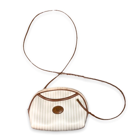 ALLAN EDWARD Handbags - ALLAN EDWARD Vintage 80s Half Moon White & Brown Stripe Crossbody
